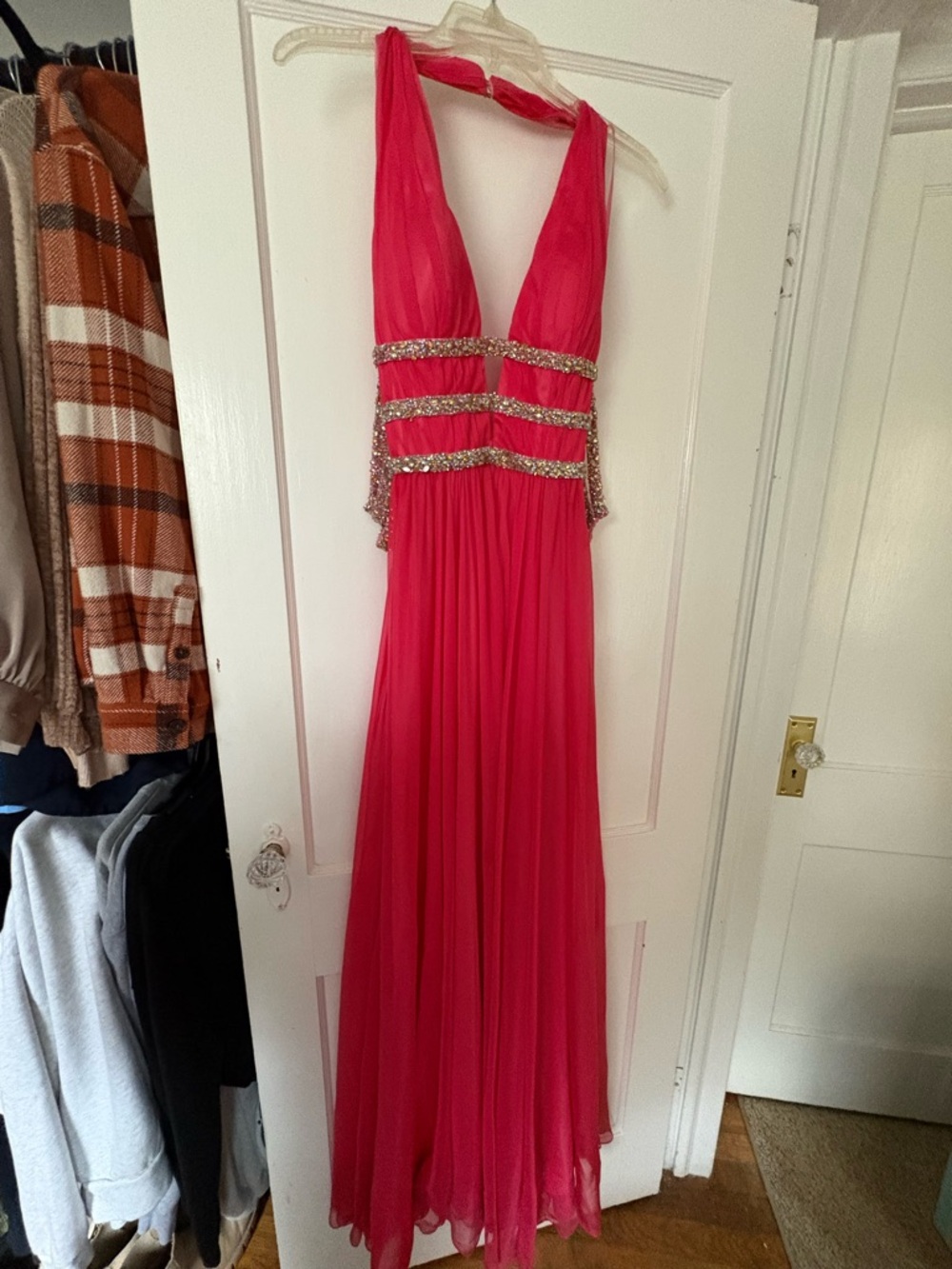 Cache Fuchsia Halter Prom Gown with Beaded Waist